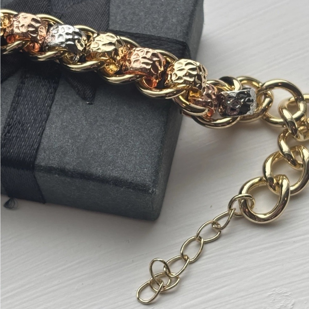 Gold Plated Chunky Chain Bracelet Mixed Metal Textured Links Statement Toggle - Picture 5 of 10